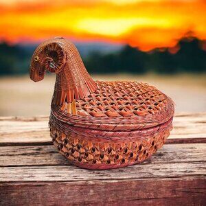 Vintage Wicker Basket with Rams Head Lid FLAW Chipped Horn and Tail READ 1 1